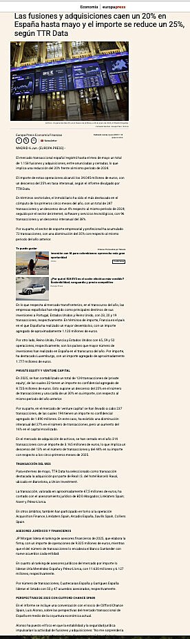 Las fusiones y adquisiciones caen un 20% en Espaa hasta mayo y el importe se reduce un 25%, segn TTR Data